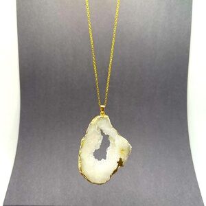 Natural Geode Stone & Crystal Quartz Smokey Mountain White Night Necklace 3c